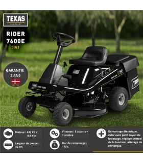 Tondeuse autoportée rider thermique 76 cm, moteur 432 cc, mulching + éjection – TEXAS Rider 7600E Tondeuse autoportée rider thermique 76 cm, moteur 432 cc, mulching + éjection – TEXAS Rider 7600E