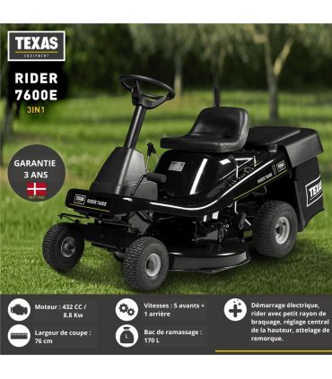 Tondeuse autoportée rider thermique 76 cm, moteur 432 cc, mulching + éjection – TEXAS Rider 7600E