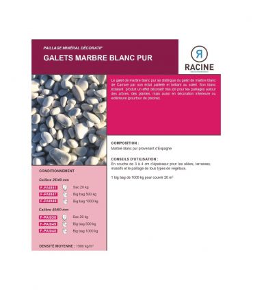 Galet marbre blanc pur Big Bag 500 Kg calibre 24-40 mm Racine F-PAI047-24-40/BB500